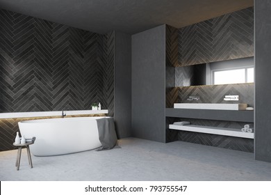 Black bathroom interior with a white double sink with a long horizontal mirror and a round tub. 3d rendering mock up