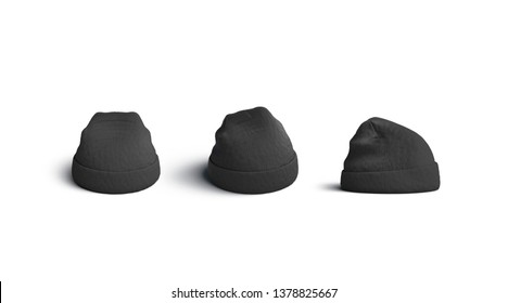 Black beanie mockups set, side, front and back view isolated, 3d rendering. Empty gray knitted wear sport hat mockup. Clear casual cap for winter. Blank grey textile fashion clothing template.