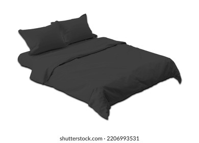 Black Bedding Mockup Isolated On Black Background. Double Bed With Two Pillows And A Duvet. 3d Rendering.