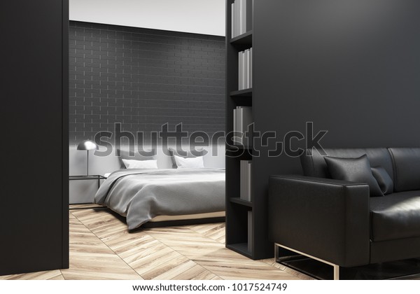 Black Bedroom Corner Gray Bed Bookcase Stockillustration