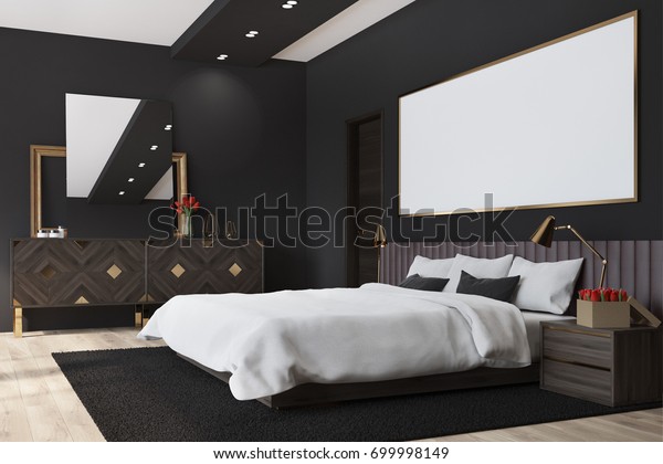 Black Bedroom Interior Dark Wooden Floor Royalty Free