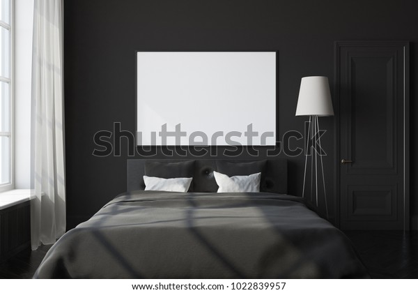 Black Bedroom Interior Gray Bed Lamp Stock Illustration