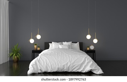 Black Bedroom Interior For Mockup, 3D Rendering