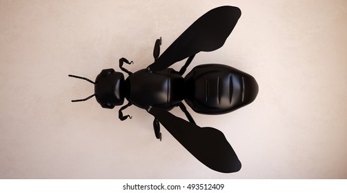 Black bee on a beige wall. 3d illustration.
