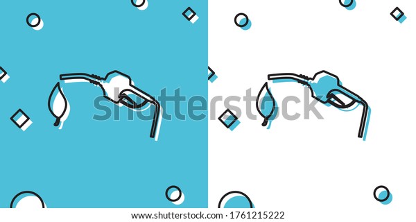 Black Bio fuel concept with fueling\
nozzle and leaf icon isolated on blue and white background. Natural\
energy concept. Gas station gun sign. Random dynamic\
shapes
