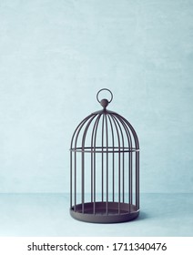 Black Bird Cage Isolated On A Blue. 3d Illustration