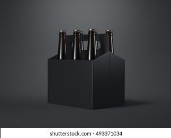 Black Blank Beer Packaging With Brown Bottles On Dark Floor. 3d Rendering