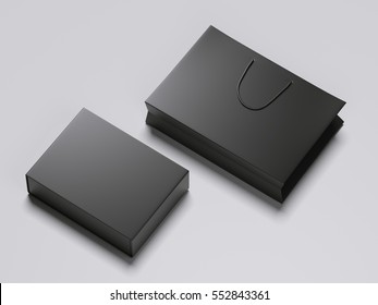 Black Blank Box And Shopping Bag On A Gray Floor. 3d Rendering