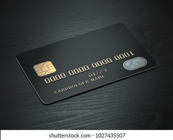 Black Blank Credit Cards Mockup On Black Wood Table Background. 3d Illustration