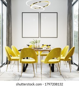 Black Blank Frames In Luxury Modern Dinning Room Interior Background For Mockup With Bright Yellow Chairs, Table With Dishes, Panoramic Windows And Gold Chandelier, Dinning Room Mockup, 