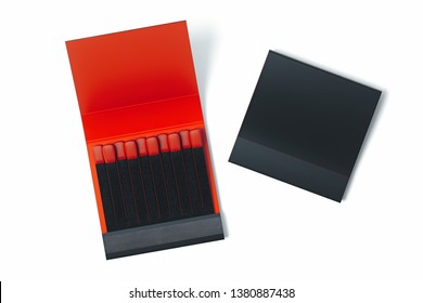 Black Blank Matchbox With Matches On White Background. 3d Rendering.