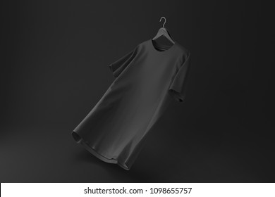 Black Blank Tshirt Mockup On Hanger On Black Background. 3d Rendering