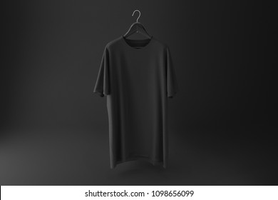 Black Blank Tshirt Mockup On Hanger On Black Background. 3d Rendering