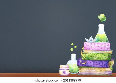 Black Board Dark Rectangular Background With Watercolor Clipart Including Back To School Items, Colorful Stack Of Books, Chemistry Lab Glassware And Paint Tube In Cartoon Style, Children Illustration