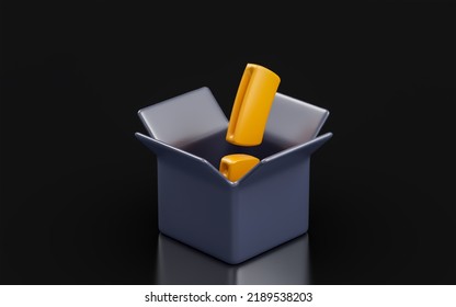 Black Box With Exclamation Sign On Dark Background 3d Render Concept For Warning Shipping Box