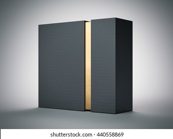 Black Box With Gold Stripe Inside In White Studio. 3d Rendering