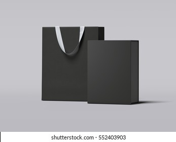 Black Box And Luxury Shopping Bag On Gray Floor. 3d Rendering