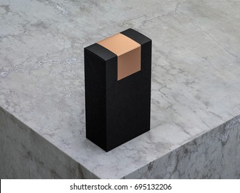 Black Box Mockup With Gold Sticker On Top Side, 3d Rendering