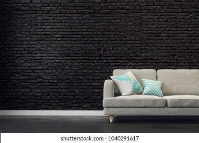 Black Brick Living Room With Couch And Copy Space On Wall. Mock Up, 3D Rendering 