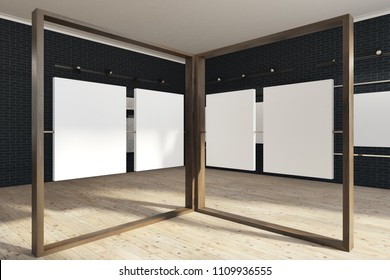 Black Brick Wall Poster Gallery With A Wooden Floor. Vertical Empty Posters Hanging On Glass And Wooden Walls. Marketing, Ad And Art Exhibition Concept. 3d Rendering Mock Up