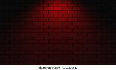 Black brick wall with red neon light with copy space. Lighting effect red color glow on brick wall background. Royalty high-quality free stock photo image of blank, empty background for texture