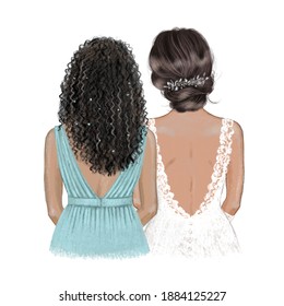 Black Bride And Bridesmaid. Hand Drawn Illustration