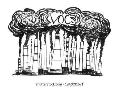 Black Brush And Ink Artistic Rough Hand Drawing Of Smoke Coming From Industry Or Factory Smokestacks Or Chimneys Into Air. Environmental Concept Of VOC Or Volatile Organic Compound Air Pollution.