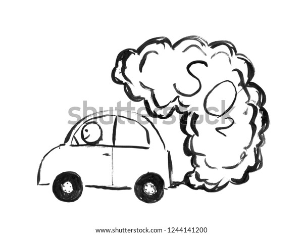 Black brush and ink artistic rough hand\
drawing of smoke coming from car exhaust into air. Environmental\
concept of SO2 or sulfur dioxide\
pollution.