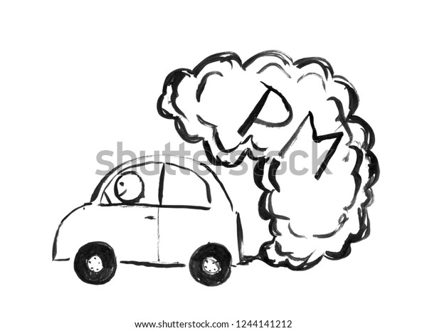 Black brush and ink artistic rough hand\
drawing of smoke coming from car exhaust into air. Environmental\
concept of PM or particulate matter\
pollution.