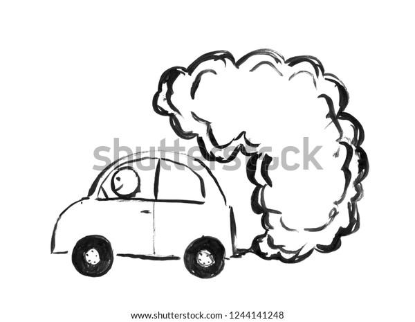 Black brush and ink artistic rough hand\
drawing of smoke coming from car exhaust into air. Environmental\
concept of\
pollution.