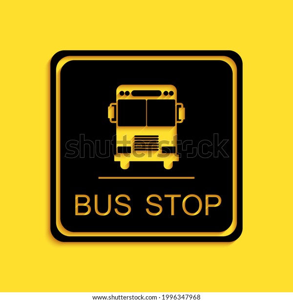Black Bus stop icon isolated on yellow background.\
Long shadow style.