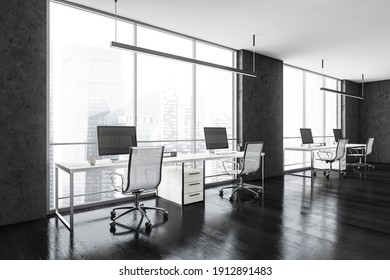 Black Business Office Room With Wooden Tables And Computers, White Chairs On Parquet Floor. Manager Open Space Room With Furniture Near Window, 3D Rendering No People