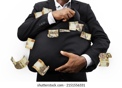 Black Businessman Holding Black Bag Full Of Kenyan Shilling Notes Isolated On White Background, Money Falling From Bag