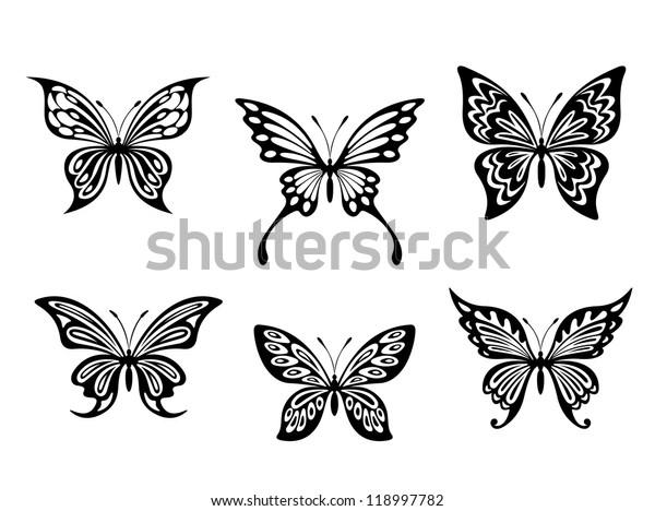 白い背景に黒い蝶のタトゥーとシルエット ロゴ ベクター画像版はギャラリーでも利用可能 のイラスト素材