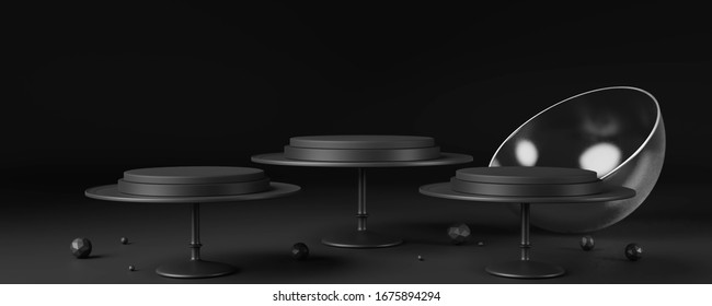 Black Cake Stands With Cake Cover On Black Background.Decorating Polygon On The Floor.Showcase Display.3D Render.
