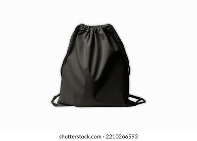 Black Canvas Drawstring Backpack Mockup, Front View, 3d Rendering. Empty Linen Or Fabric Haversack Mock Up, Isolated. Clear Cloth Packing With Strap Template.