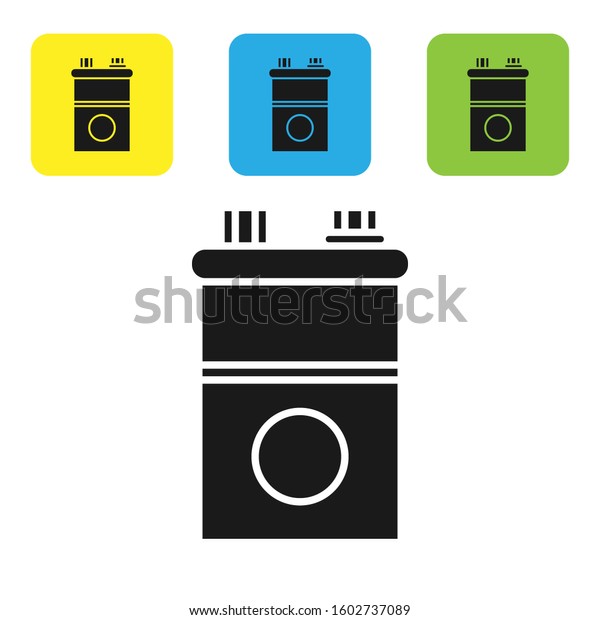 Black Car battery icon isolated\
on white background. Accumulator battery energy power and\
electricity accumulator battery. Set icons colorful square buttons.\
