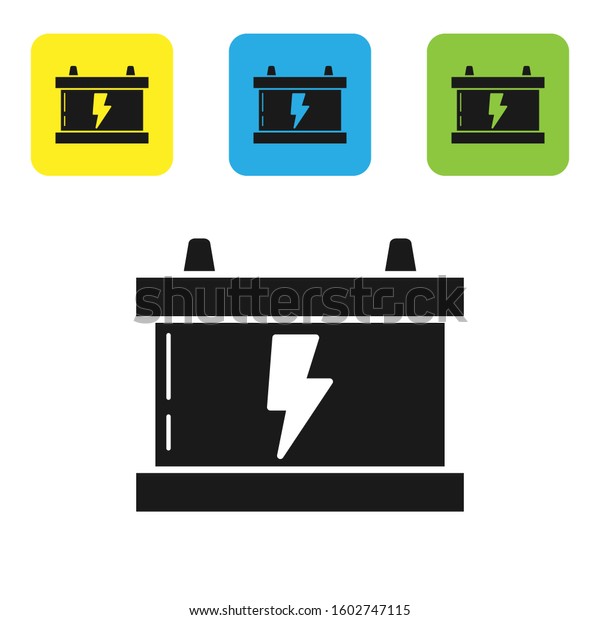 Black Car battery\
icon isolated on white background. Accumulator battery energy power\
and electricity accumulator battery. Lightning bolt. Set icons\
colorful square buttons.\
