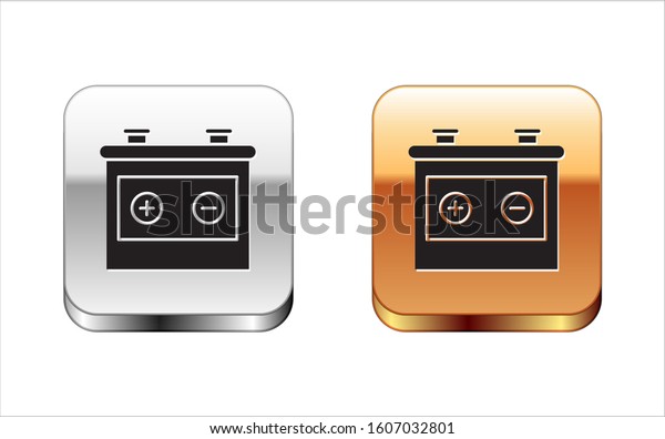 Black Car battery icon isolated on white\
background. Accumulator battery energy power and electricity\
accumulator battery. Silver-gold square button.\
