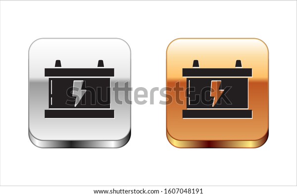 Black Car battery icon\
isolated on white background. Accumulator battery energy power and\
electricity accumulator battery. Lightning bolt. Silver-gold square\
button. 