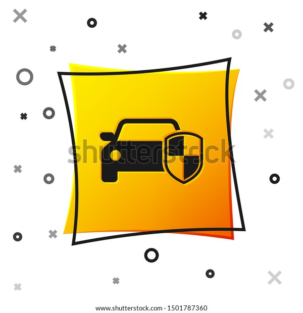 Black Car protection or\
insurance icon isolated on white background. Protect car guard\
shield. Safety badge vehicle icon. Security auto label. Yellow\
square button