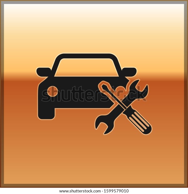 Black Car with screwdriver and wrench icon isolated on
gold background. Adjusting, service, setting, maintenance, repair,
fixing.  