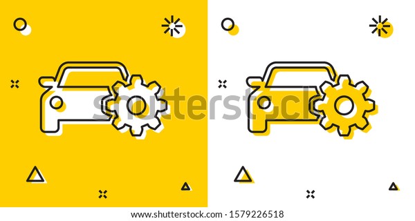 Black Car\
service icon isolated on yellow and white background. Auto mechanic\
service. Mechanic service. Repair service auto mechanic.\
Maintenance sign. Random dynamic shapes.\
