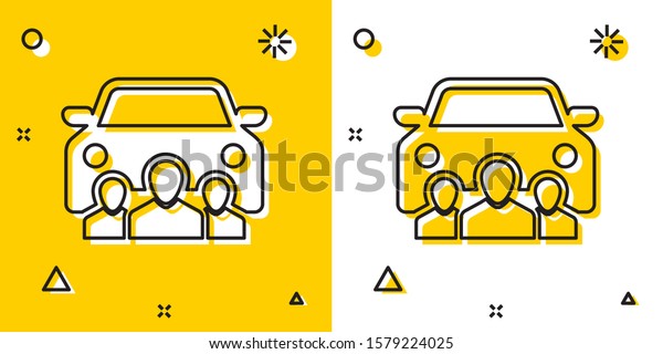 Black Car sharing with group of\
people icon isolated on yellow and white background. Carsharing\
sign. Transport renting service concept. Random dynamic shapes.\
