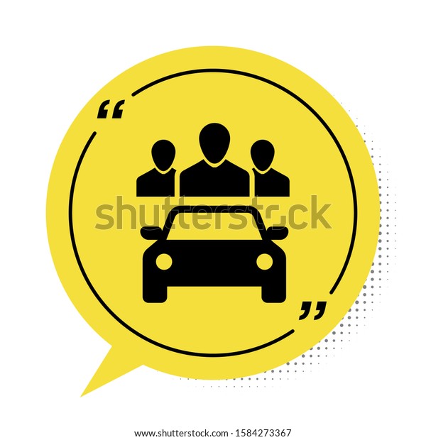 Black Car sharing with group of people\
icon isolated on white background. Carsharing sign. Transport\
renting service concept. Yellow speech bubble symbol.\
