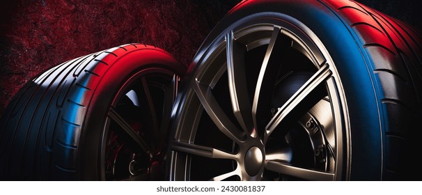 black car tires With black alloy wheels The tires are in good condition. 3d, rendering, illustration, - Powered by Shutterstock