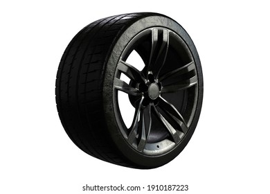 Black Car Wheel With Black Tire On White Background Isolate 3d Ilustration