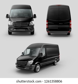 Black Cargo Express Van Vehicle Front, back and perspective view. 3D rendering 