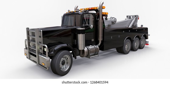 Black Cargo Tow Truck To Transport Other Big Trucks Or Various Heavy Machinery. 3d Rendering.