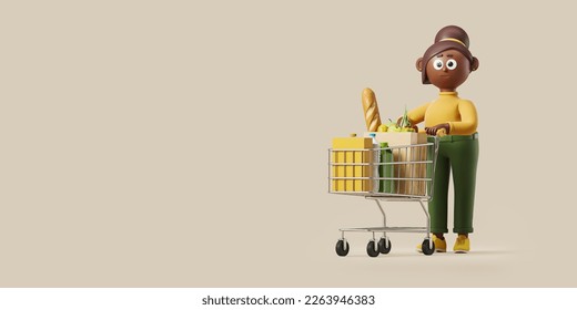 Black cartoon woman with trolley and fresh products. Concept of online delivery and shopping. Copy space. 3D rendering - Powered by Shutterstock